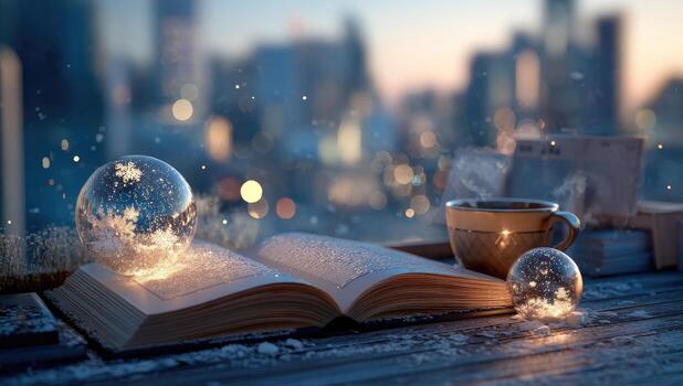 A cup of coffee and an open book on a table with a cityscape in the background photo