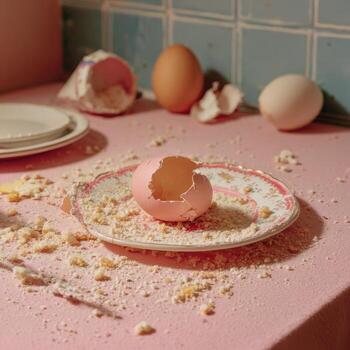 A broken egg on a pink plate with a plate of eggs photo