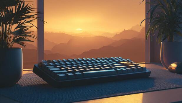 A keyboard sitting on a desk next to a window photo