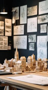 A table with wooden models of buildings photo