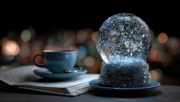 A snow globe sits on top of a cup of coffee photo