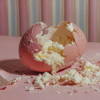 A broken egg on a pink table with a pink wall photo