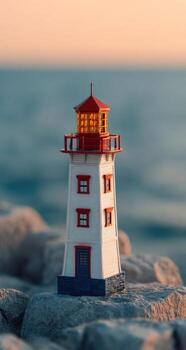 A miniature lighthouse sits on a rock near the ocean photo