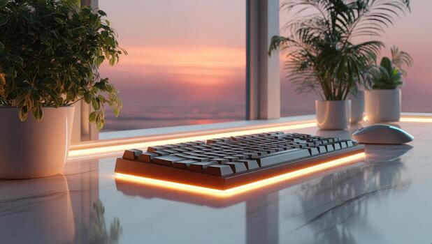 A keyboard and mouse sitting on a desk in front of a window photo