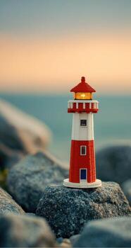 A small red and white lighthouse on a rocky beach photo