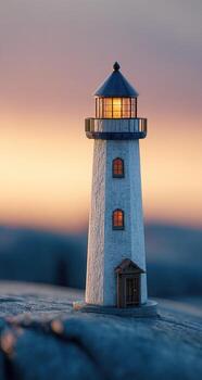 A miniature lighthouse is shown on a rock photo