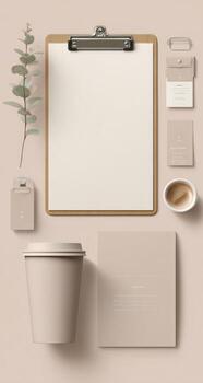 A clipboard, cup, and paper on a beige background photo