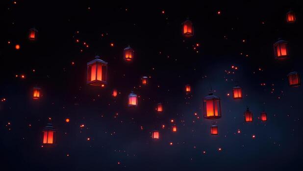 Red lanterns floating in the dark sky photo