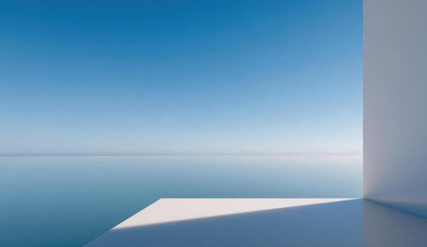 A white room with a window overlooking the ocean photo