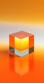 A cube of orange and yellow glass sitting on a table photo