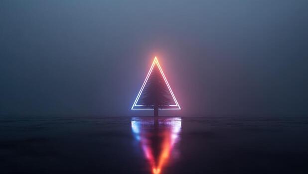 A neon christmas tree in the dark with a reflection photo