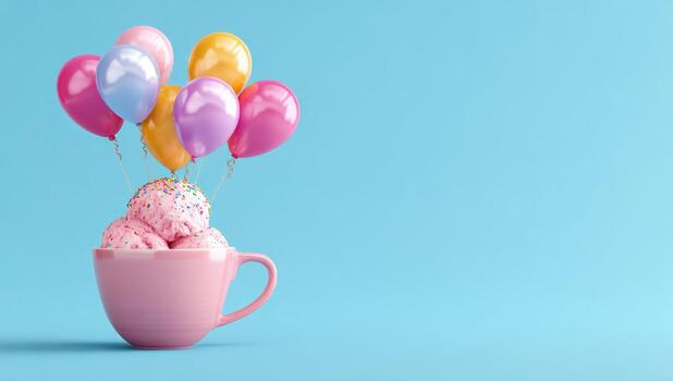 Cup of ice cream with balloons on blue background 3d rendering photo
