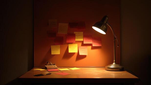 A desk with a lamp and a bunch of sticky notes photo