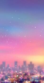 A cityscape with lights and stars over it photo