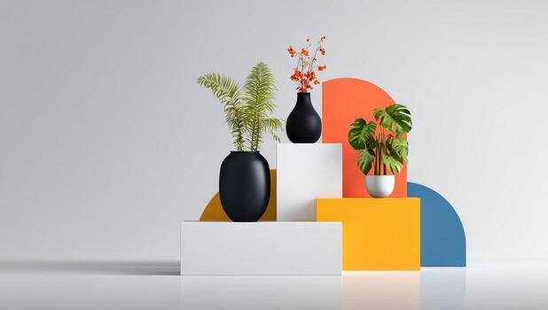 Three vases with plants on top of white cubes photo