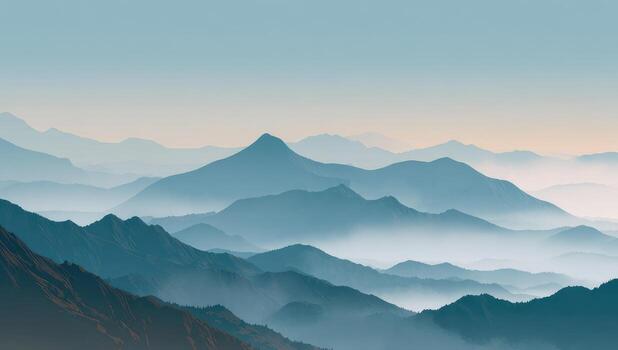 A mountain range with fog and mountains in the background photo