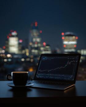 Laptop with stock market graph on the table photo