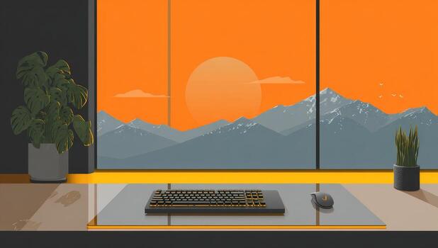 A computer keyboard and mouse on a desk in front of a window with mountains in the background photo