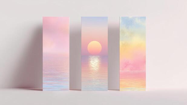 Three vertical banners with the sun setting over the ocean photo