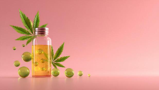 Cbd oil with green apple and cbd oil on pink background 3d rendering photo