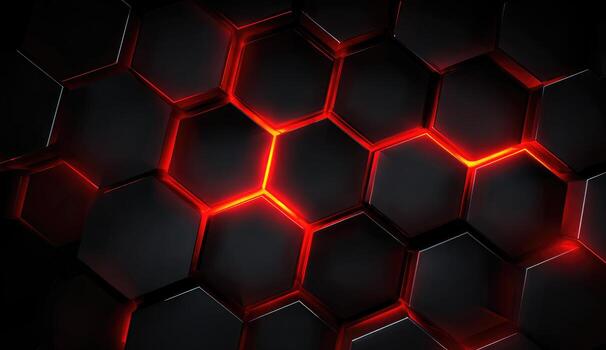 Black and red hexagonal background with glowing red lights photo