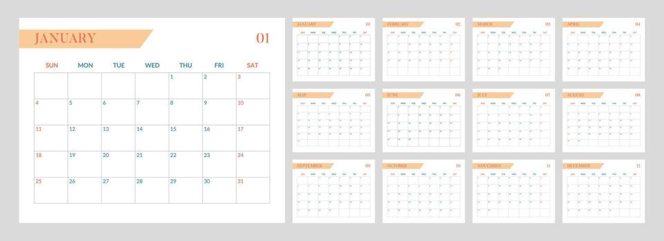 Minimalist Calendar 2026 set of template monthly horizontal pages. Simple yearly planner week starts on sunday vector