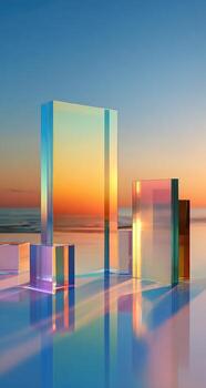 A group of colorful glass blocks on the beach photo