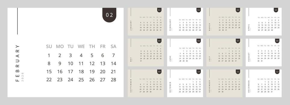 Minimalist Calendar 2026 set of template monthly horizontal pages. Clean and simple planner starting with Sunday. vector