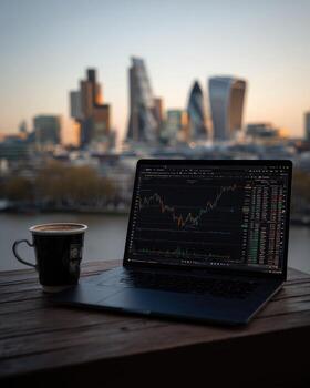 Laptop with stock market chart on a table photo