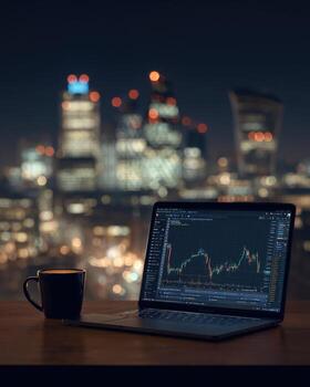 Laptop with stock market graph on a table in front of a cityscape photo