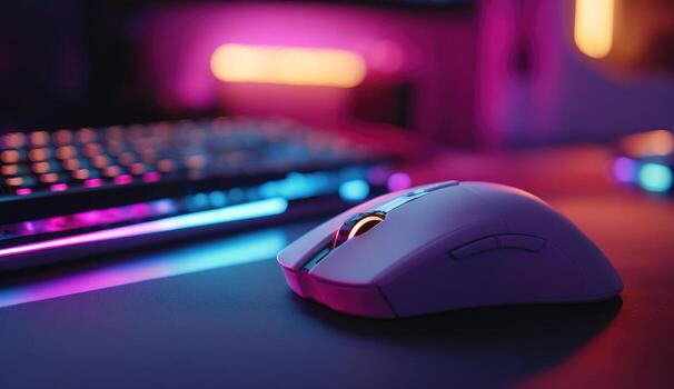 A computer mouse sits on a desk with a keyboard in the background photo