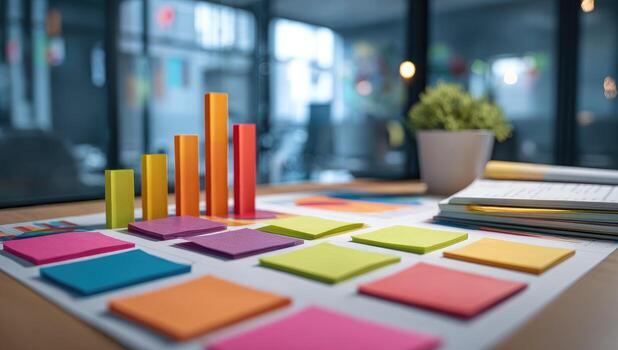 A desk with colorful sticky notes and a bar chart photo