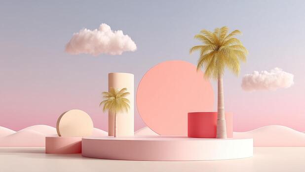 3d rendering of a pink and white background with palm trees photo