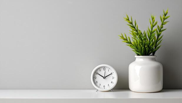 A white vase with a plant and an alarm clock on a table photo