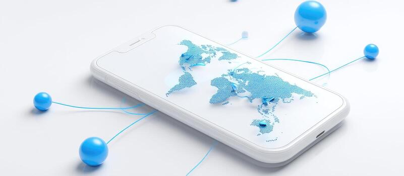 World map on a smartphone with blue balloons on a white background 3d rendering photo