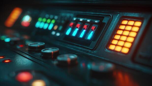 un cerca arriba de un controlar panel en un oscuro habitación foto