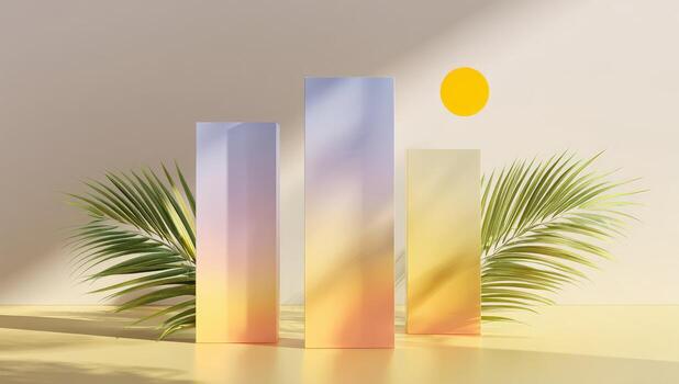 Three colorful blocks with palm leaves on a table photo
