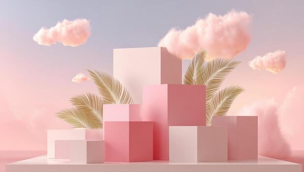 3d render of pink cubes and palm trees photo