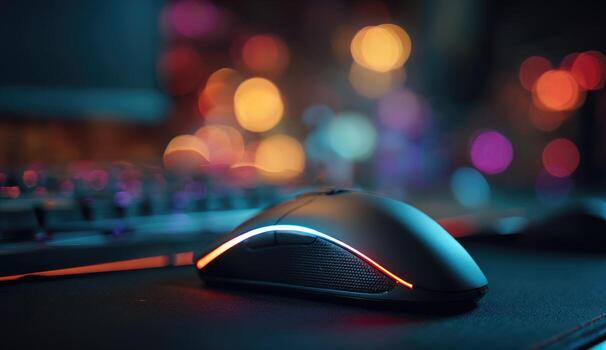 A gaming mouse on a desk with a blurred background photo