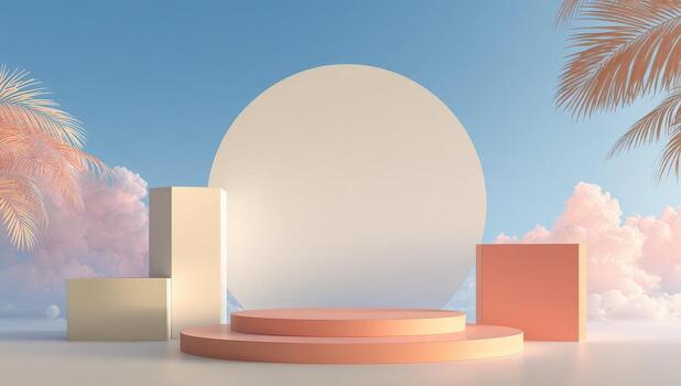 3d render of a white podium with pink and white blocks photo