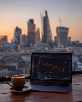Laptop with stock market graph on a table photo