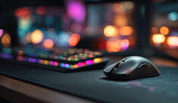 A mouse and keyboard on a desk in front of a computer photo