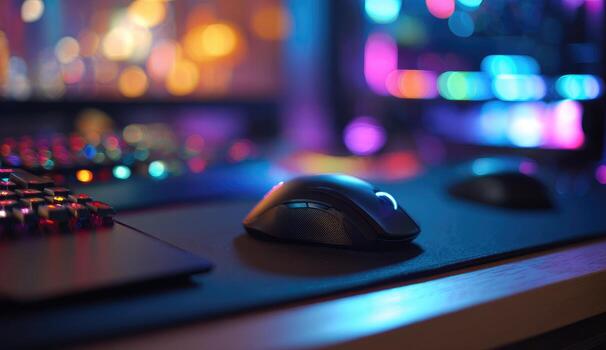 A computer mouse sitting on a desk with a colorful background photo