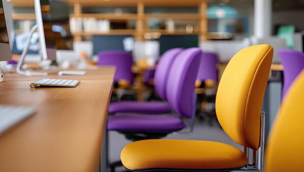 A row of chairs in a classroom with computers photo