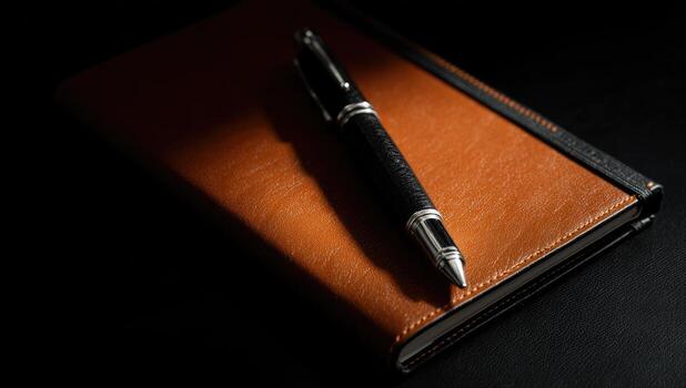 A pen and notebook on a black surface photo
