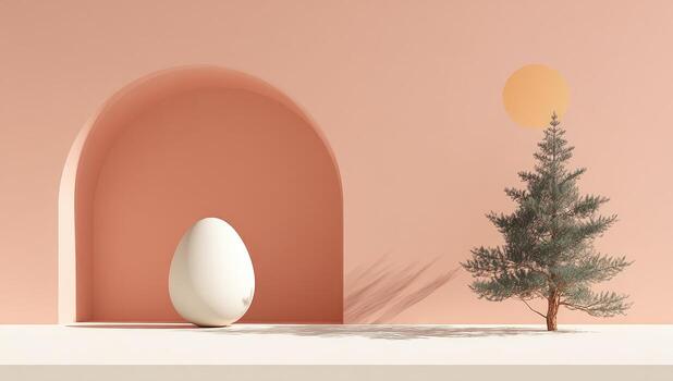 A white egg and a tree in front of an arch photo