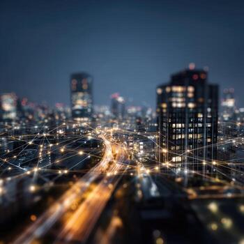 A cityscape with network lines and lights photo