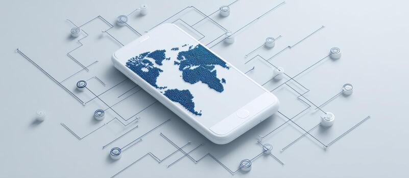 Mobile phone with world map on screen and connected devices on the background 3d rendering photo