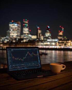 Laptop with stock market graph on a wooden table photo