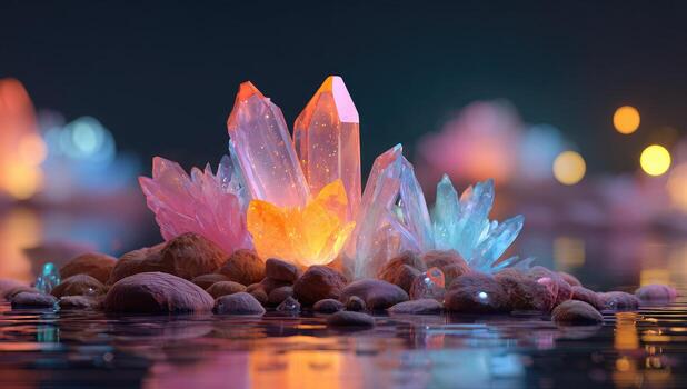 A group of crystals in water with lights photo